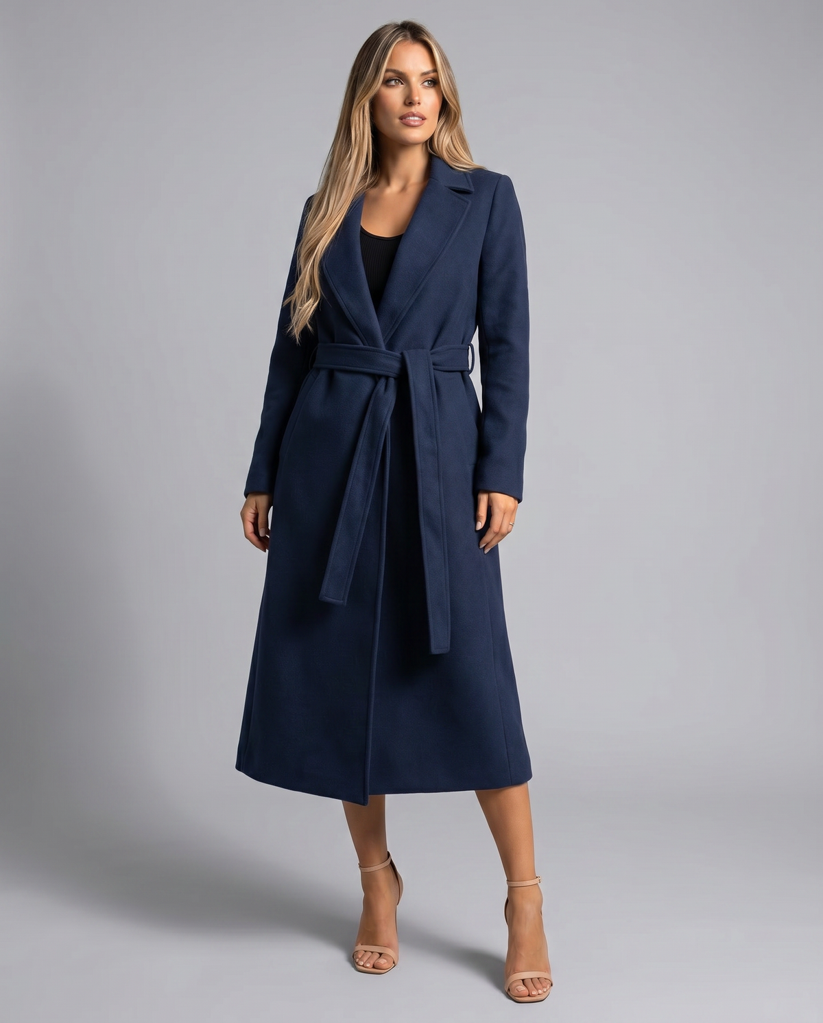 Women's Long Winter Trench Coat — Elegant Belted Lapel Long-Sleeve Wool-Blend Overcoat