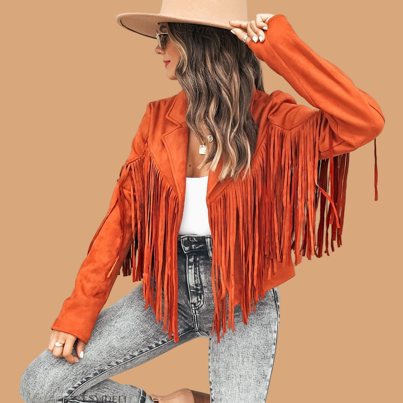 Women's Western Fringe Cropped Suede Jacket — Boho Statement Long-Sleeve Tassel Jacket
