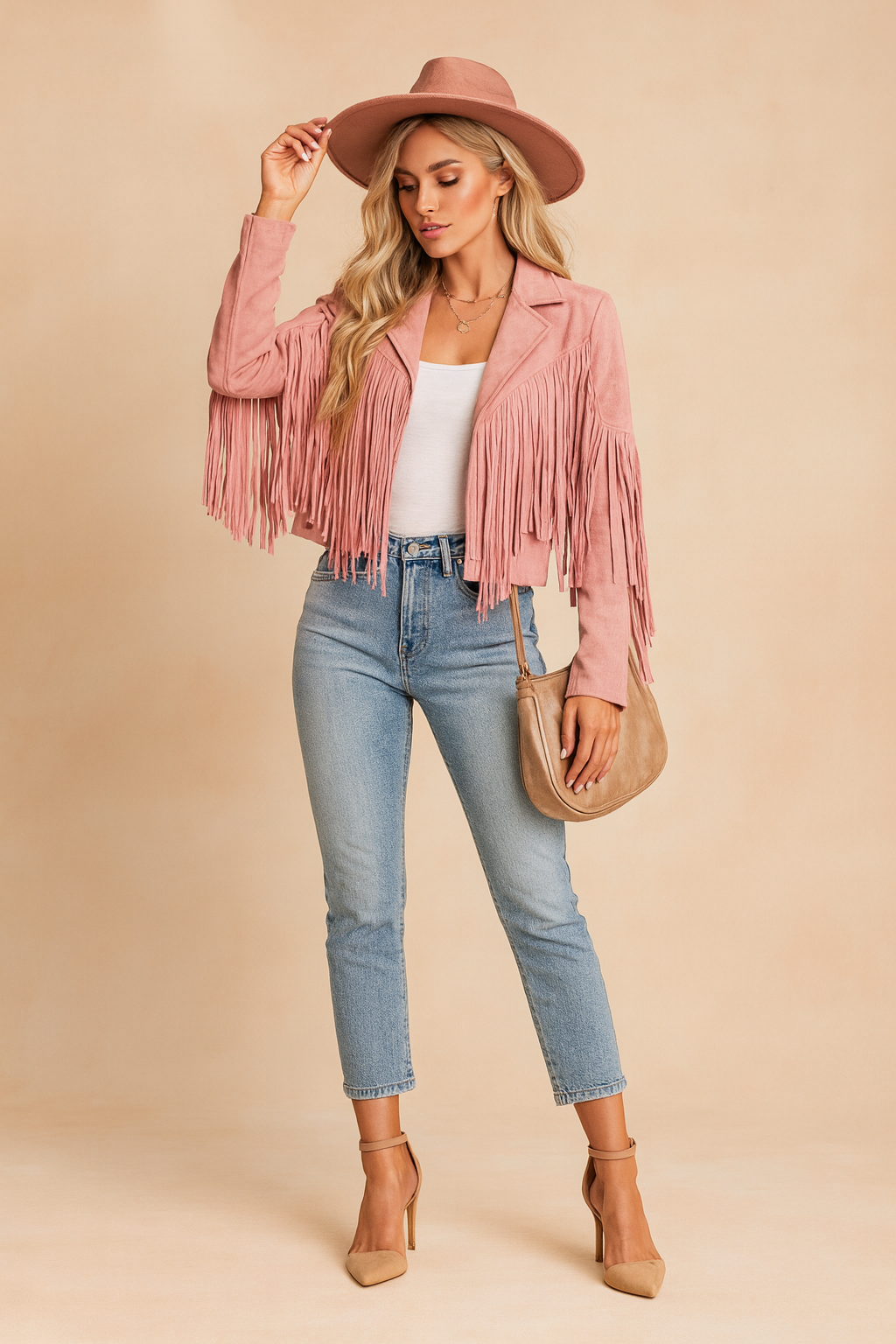 Women's Western Fringe Cropped Suede Jacket — Boho Statement Long-Sleeve Tassel Jacket