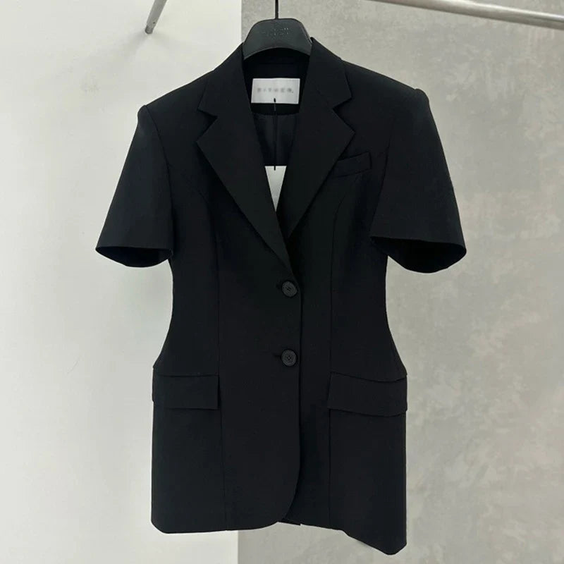 Korean Style Blazer – Chic A-Line Short Sleeve Jacket
