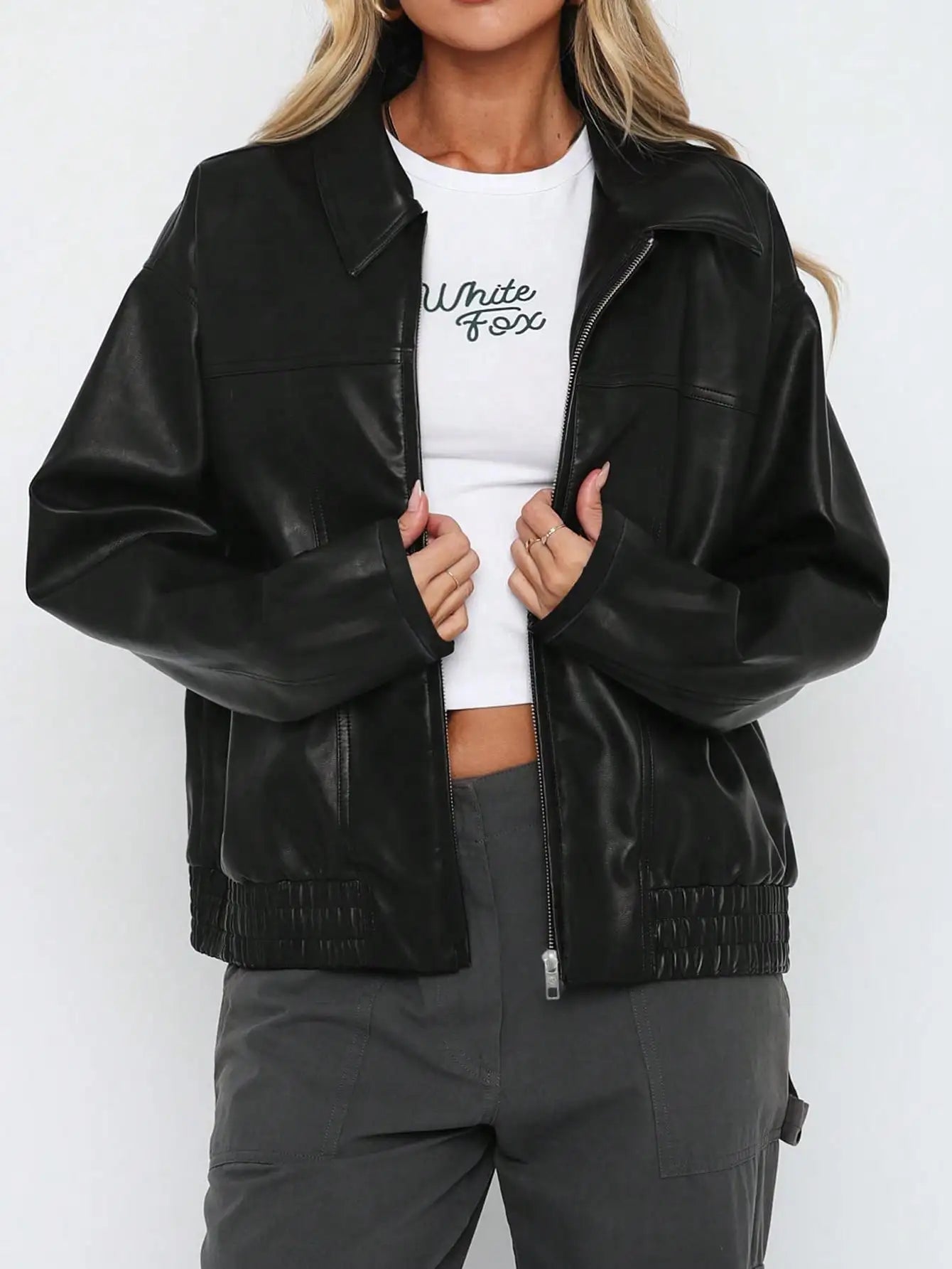 Women's Casual Black Faux Leather Jacket