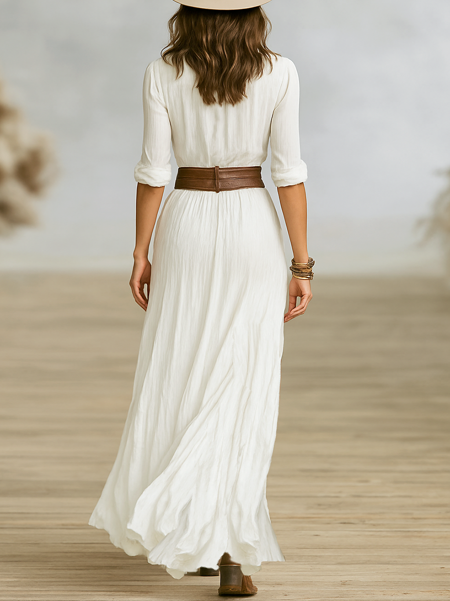 Aurora | Long Linen Dress with Reversed Collar
