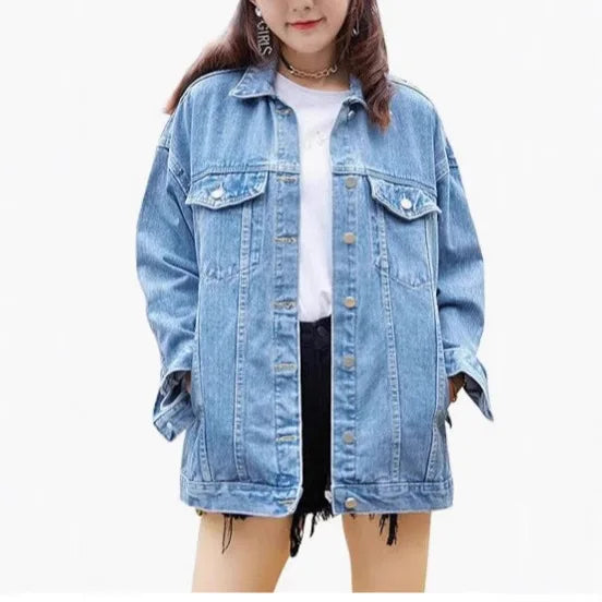Women’s Oversized Denim Jacket with Classic Button Front and Relaxed Streetwear Fit