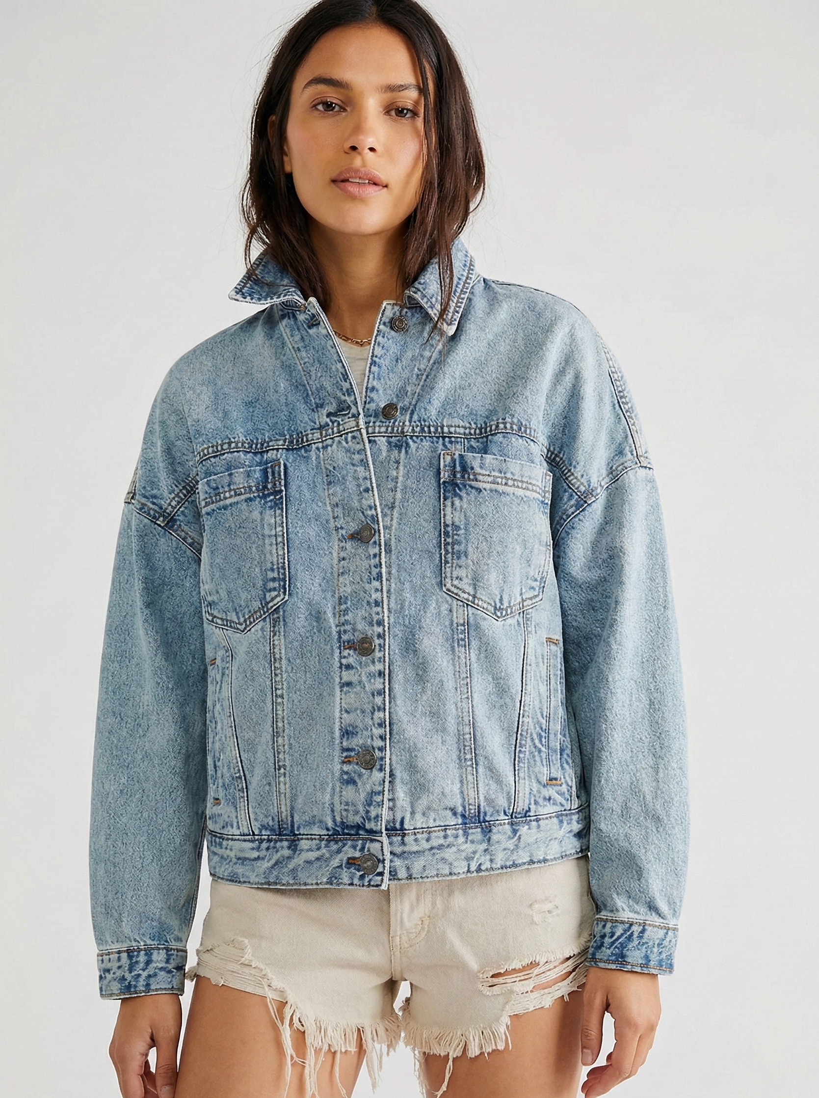 Women’s Classic Oversized Denim Jacket with Drop Shoulders and Relaxed Fit