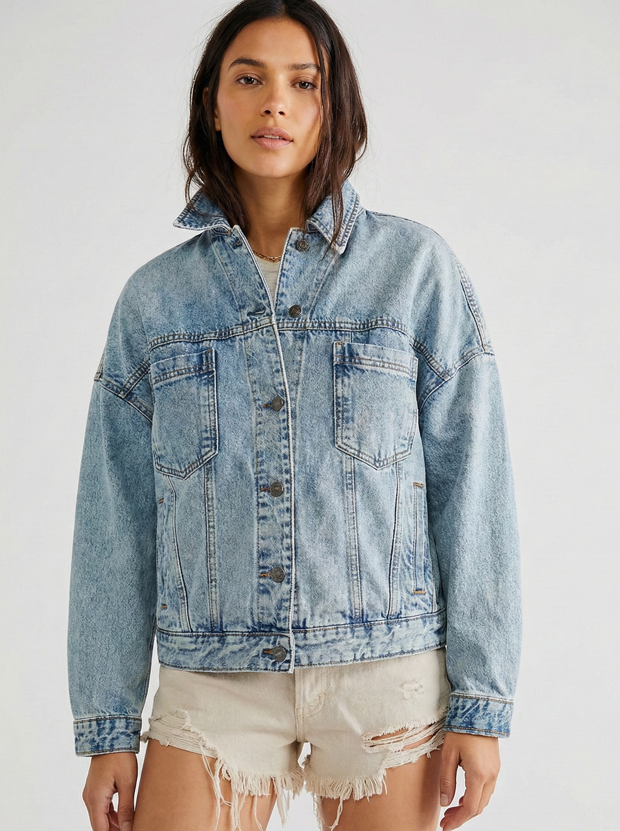 Women’s Classic Oversized Denim Jacket with Drop Shoulders and Relaxed Fit