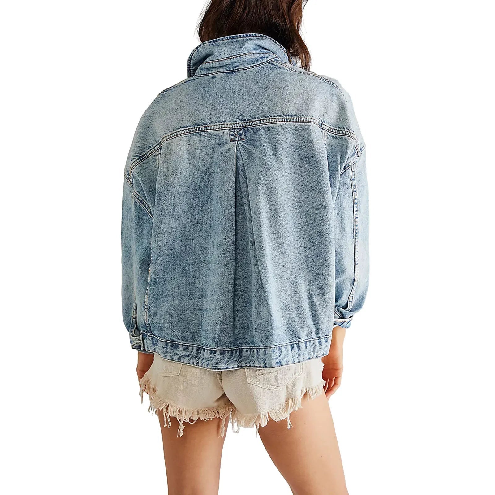 Women’s Classic Oversized Denim Jacket with Drop Shoulders and Relaxed Fit
