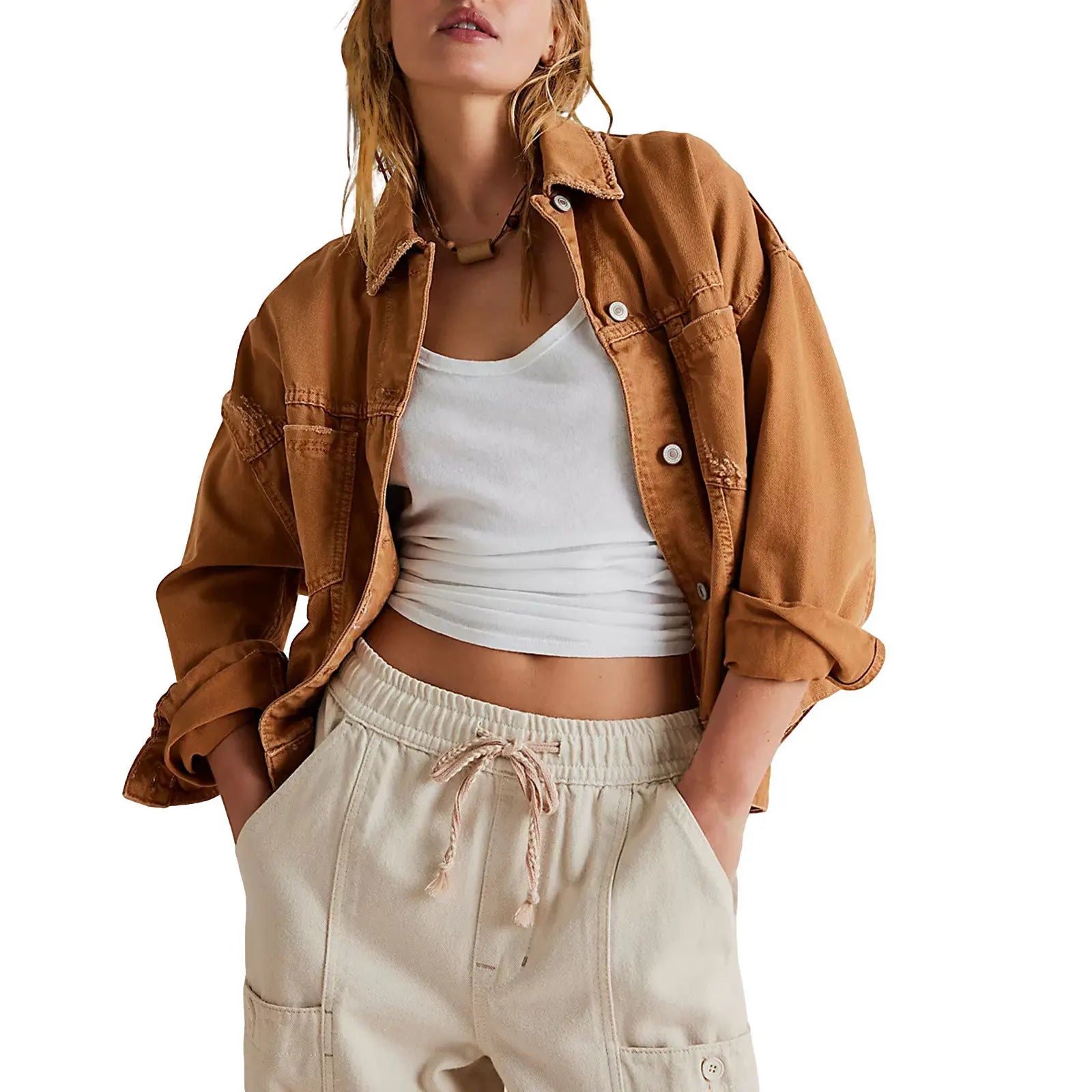 Women’s Classic Oversized Denim Jacket with Drop Shoulders and Relaxed Fit