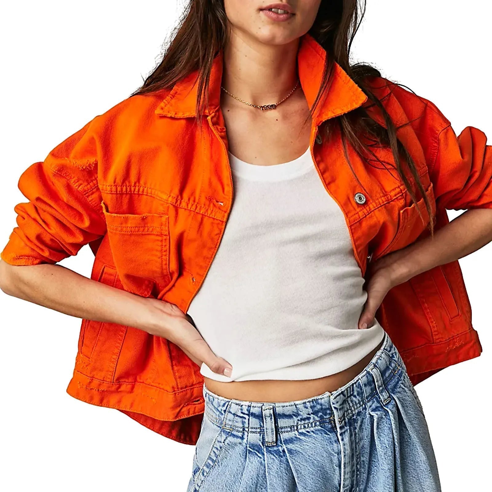 Women’s Classic Oversized Denim Jacket with Drop Shoulders and Relaxed Fit