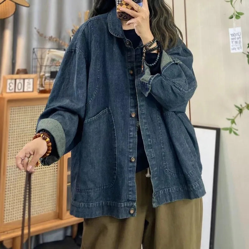 Women’s Oversized Longline Denim Jacket with Utility Pockets and Relaxed Street Style Fit