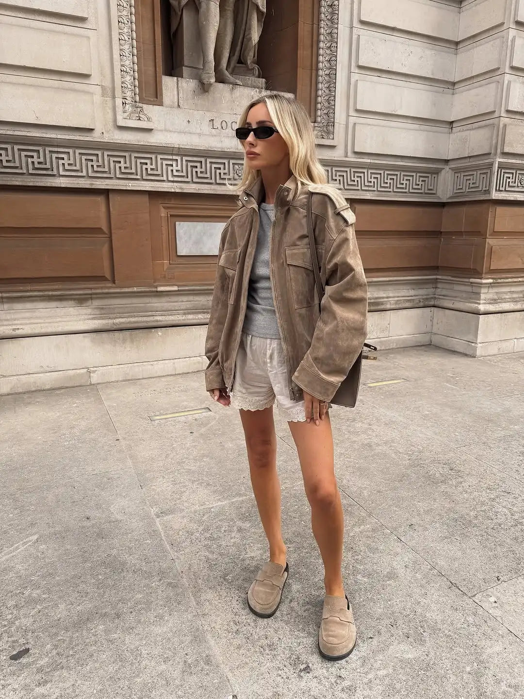 Women’s Oversized Suede Hooded Jacket with Zip Front and Utility Pocket Design