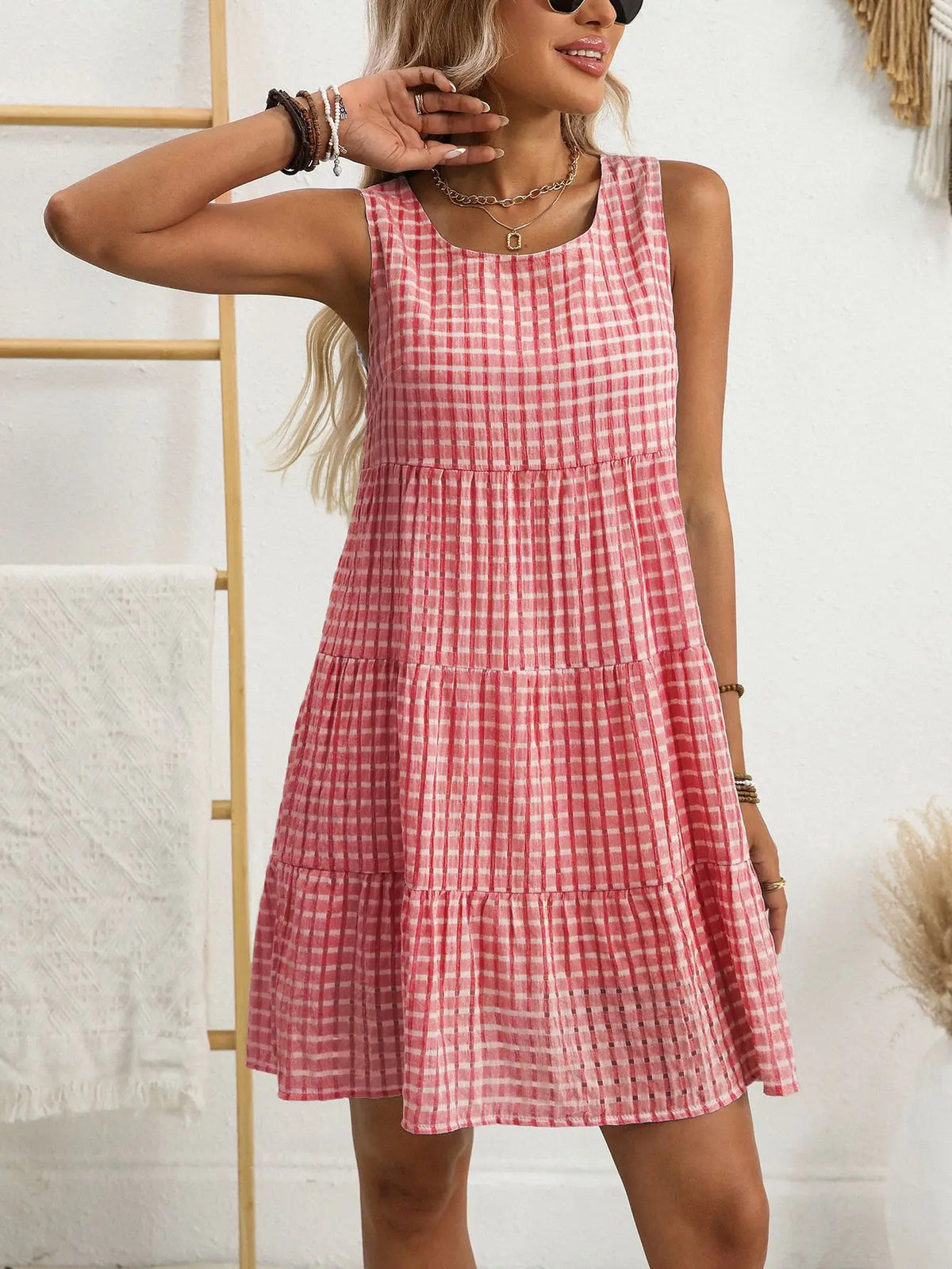 WYLA™ – Breezy Plaid Ruffled Sleeveless Dress