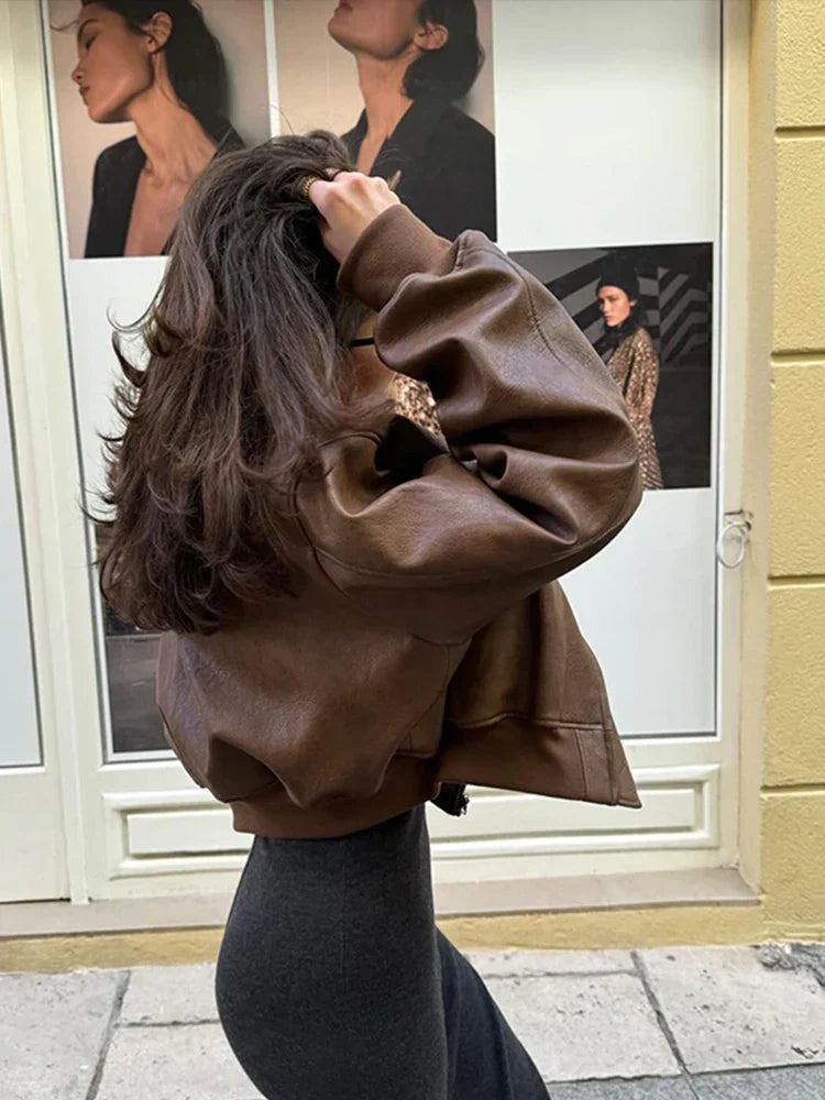 Women's Cropped Vintage Faux Leather Bomber