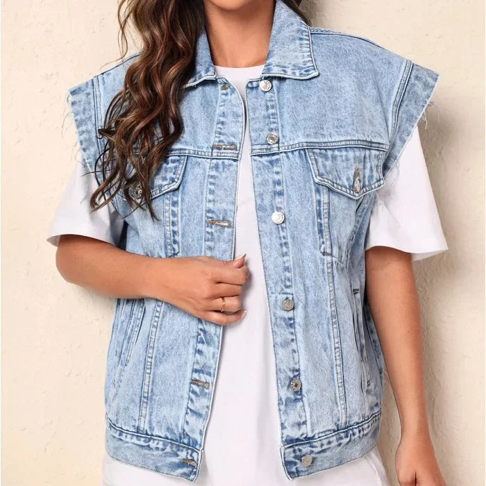 Women’s Casual Oversized Denim Vest with Button-Up Front and Classic Chest Pockets