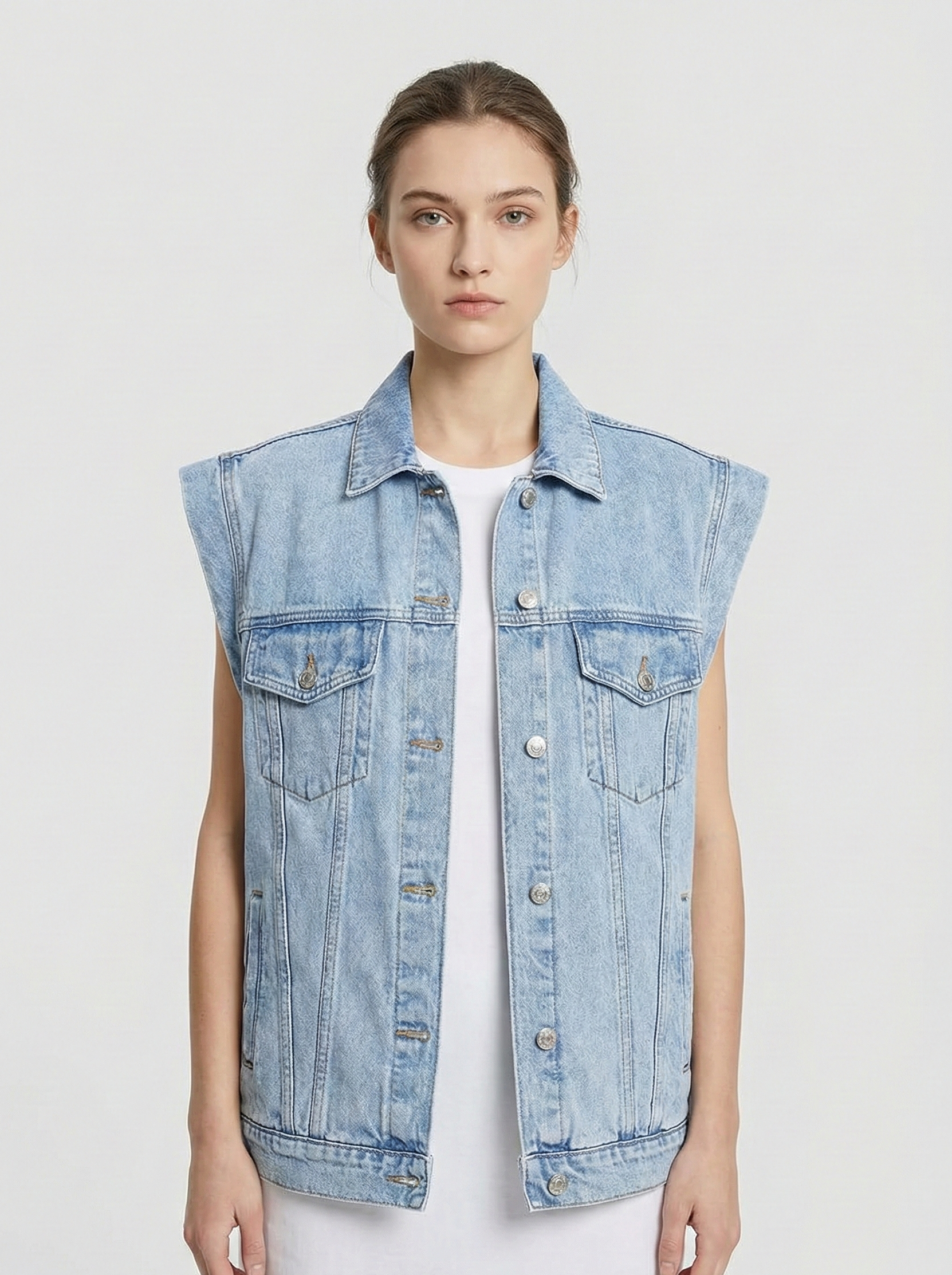 Women’s Casual Oversized Denim Vest with Button-Up Front and Classic Chest Pockets
