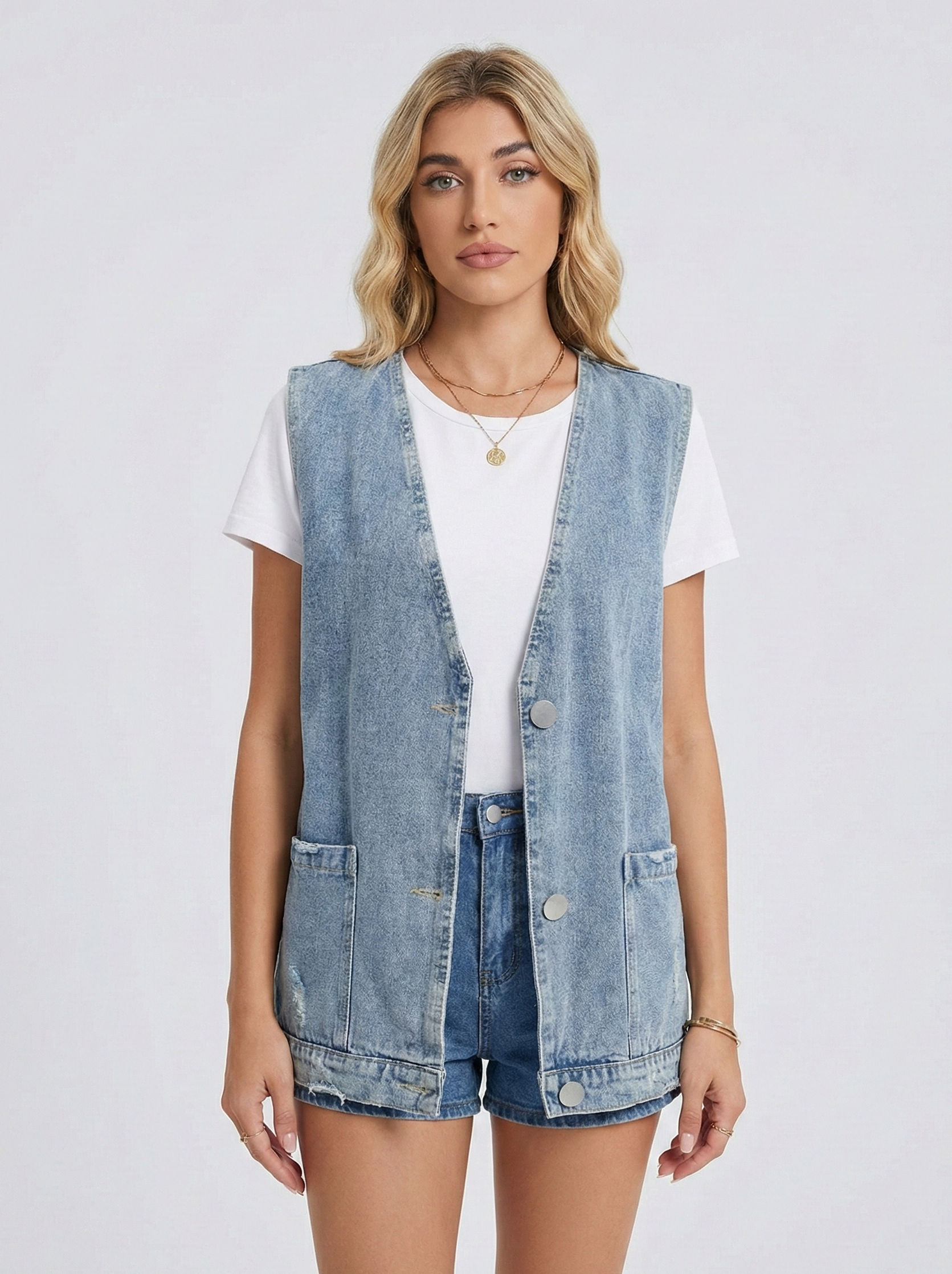 Women’s Minimalist Denim Vest with Sleeveless Design and Relaxed Fit