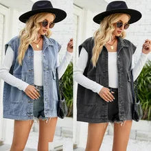 Women’s Minimalist Denim Vest with Sleeveless Design and Relaxed Fit