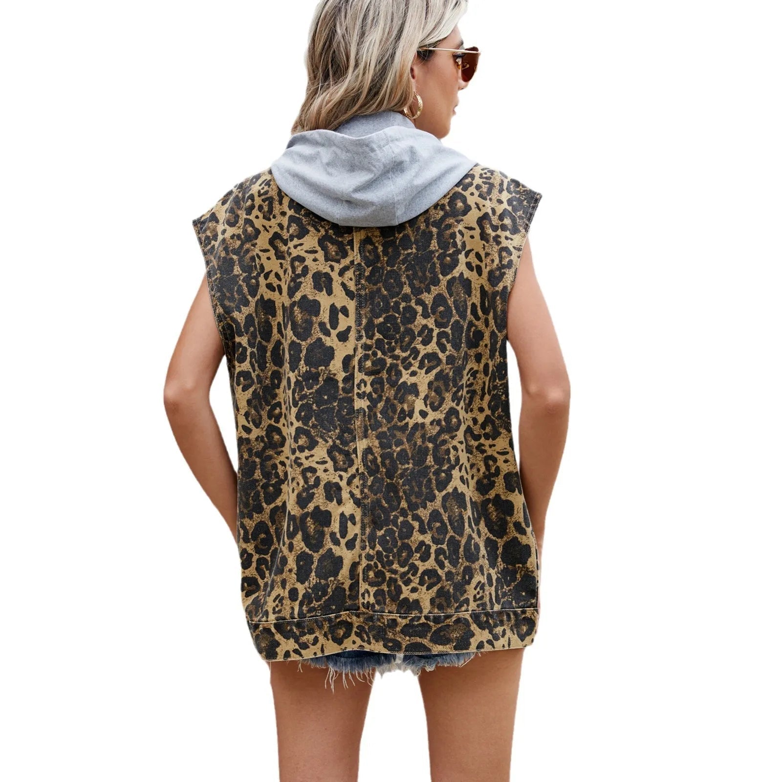 Women’s Leopard Print Sleeveless Denim Vest with Button-Down Front and Utility Pockets