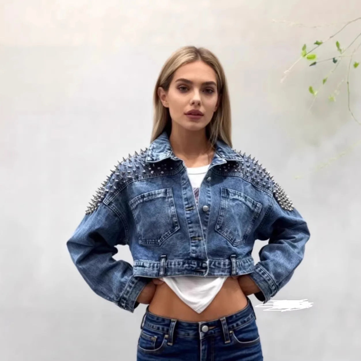 Women’s Cropped Studded Denim Jacket with Structured Shoulders and Statement Detail