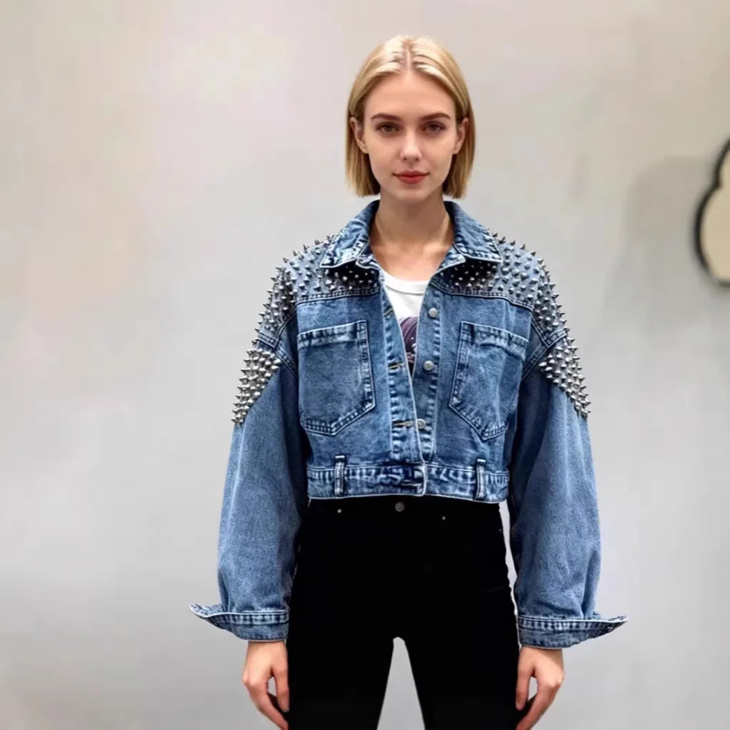 Women’s Cropped Studded Denim Jacket with Structured Shoulders and Statement Detail