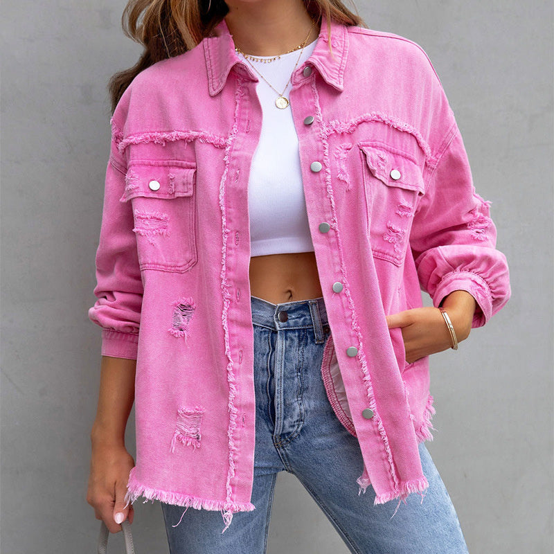 Women's Vintage-Inspired Distressed Denim Jacket — Frayed Relaxed-Fit Trucker Jacket