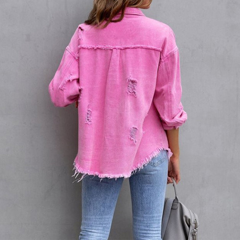 Women's Vintage-Inspired Distressed Denim Jacket — Frayed Relaxed-Fit Trucker Jacket