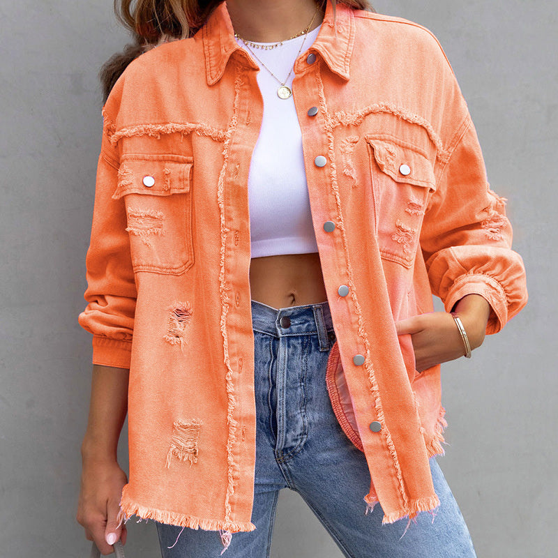 Women's Vintage-Inspired Distressed Denim Jacket — Frayed Relaxed-Fit Trucker Jacket