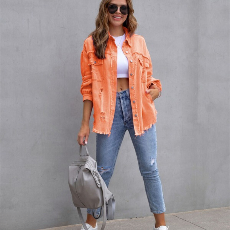Women's Vintage-Inspired Distressed Denim Jacket — Frayed Relaxed-Fit Trucker Jacket