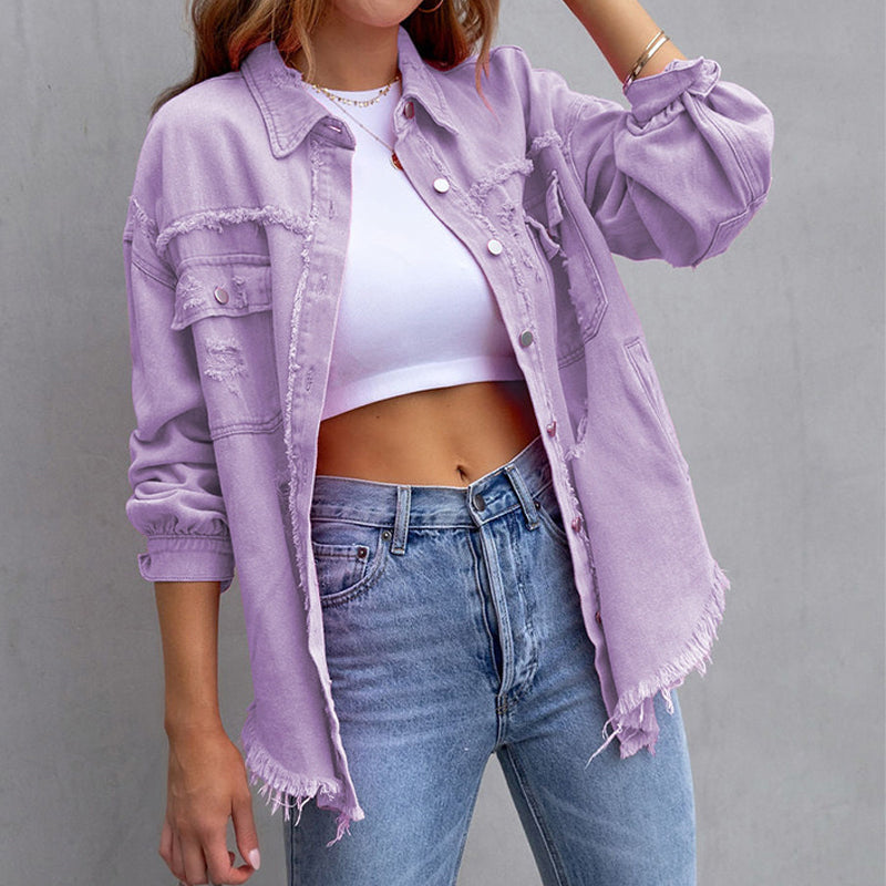 Women's Vintage-Inspired Distressed Denim Jacket — Frayed Relaxed-Fit Trucker Jacket