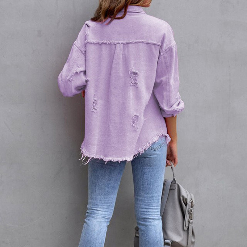 Women's Vintage-Inspired Distressed Denim Jacket — Frayed Relaxed-Fit Trucker Jacket