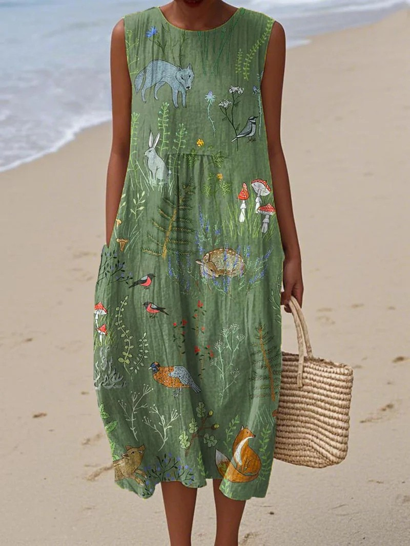 Maria - Sleeveless Dress with Pocket and Vintage Forest Animal Print