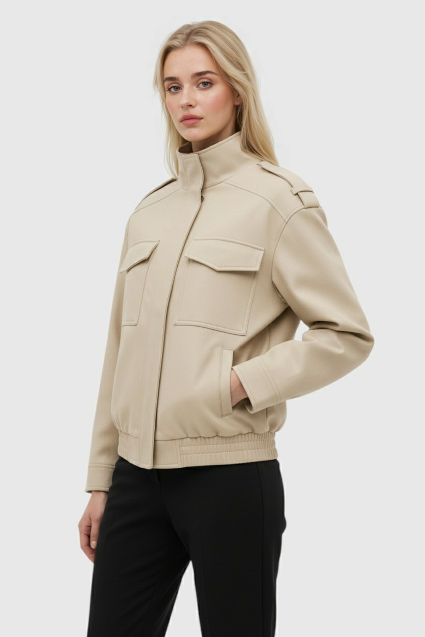Stylish Beige Bomber Jacket with Stand Collar