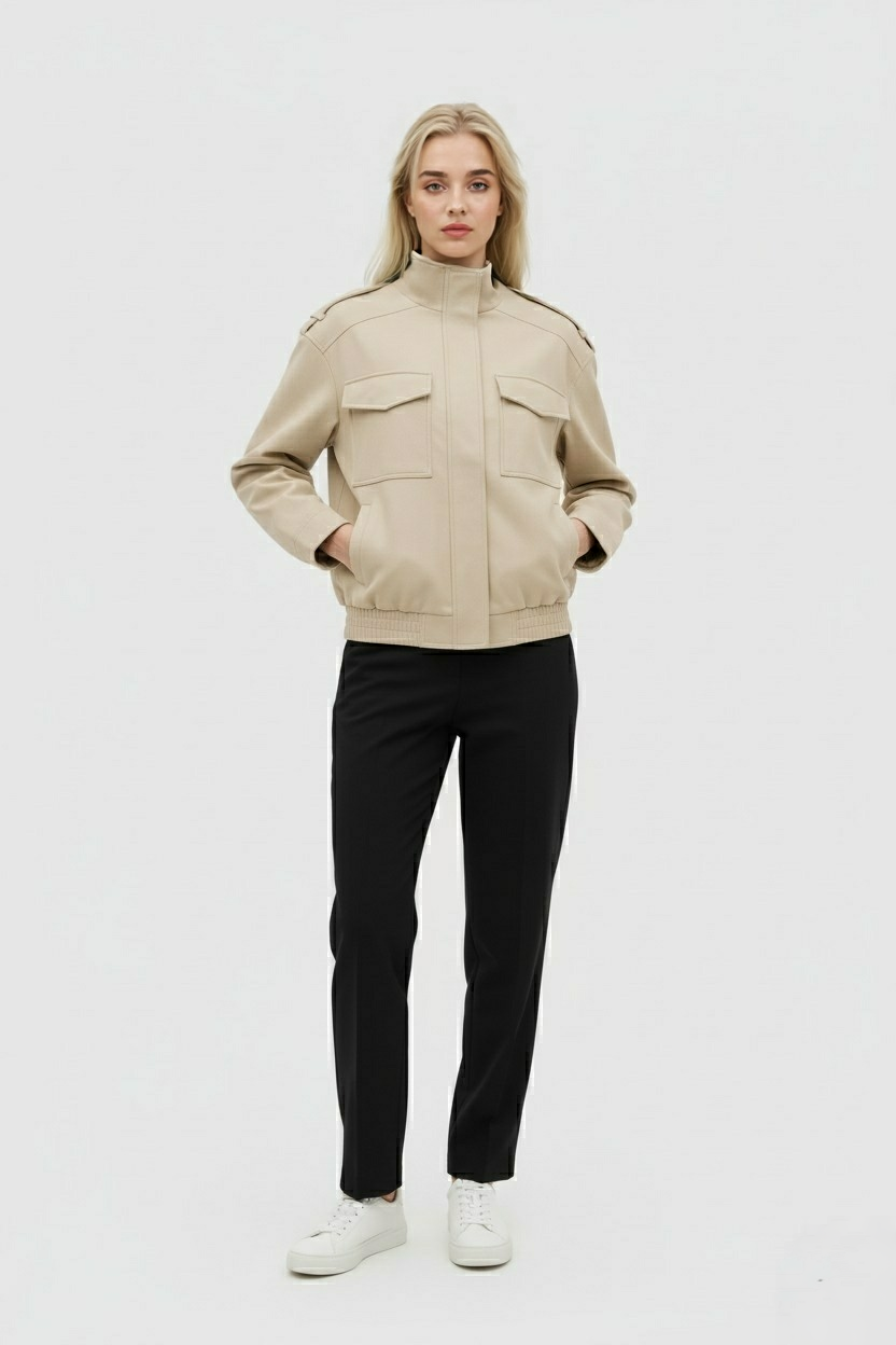 Stylish Beige Bomber Jacket with Stand Collar