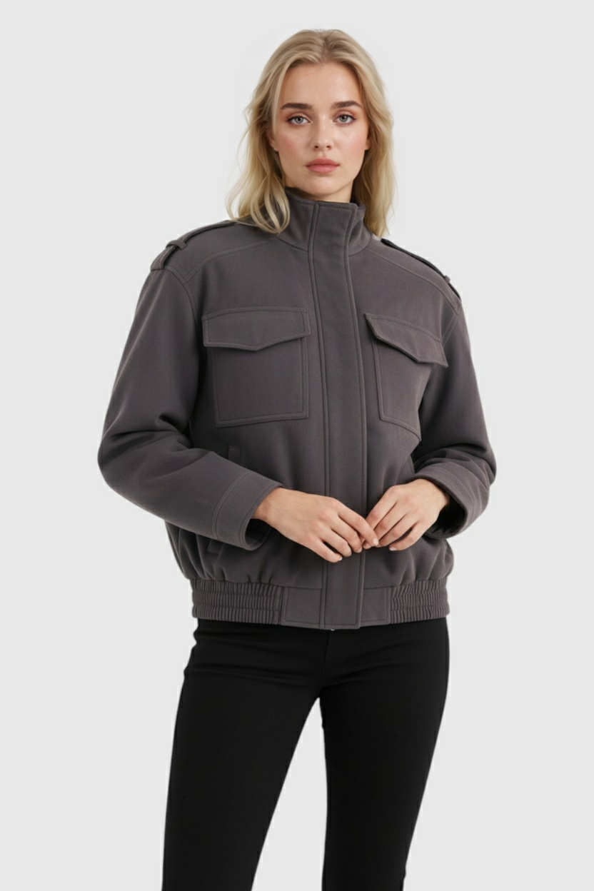 Trendy Dark Grey Bomber Jacket with Stand Collar