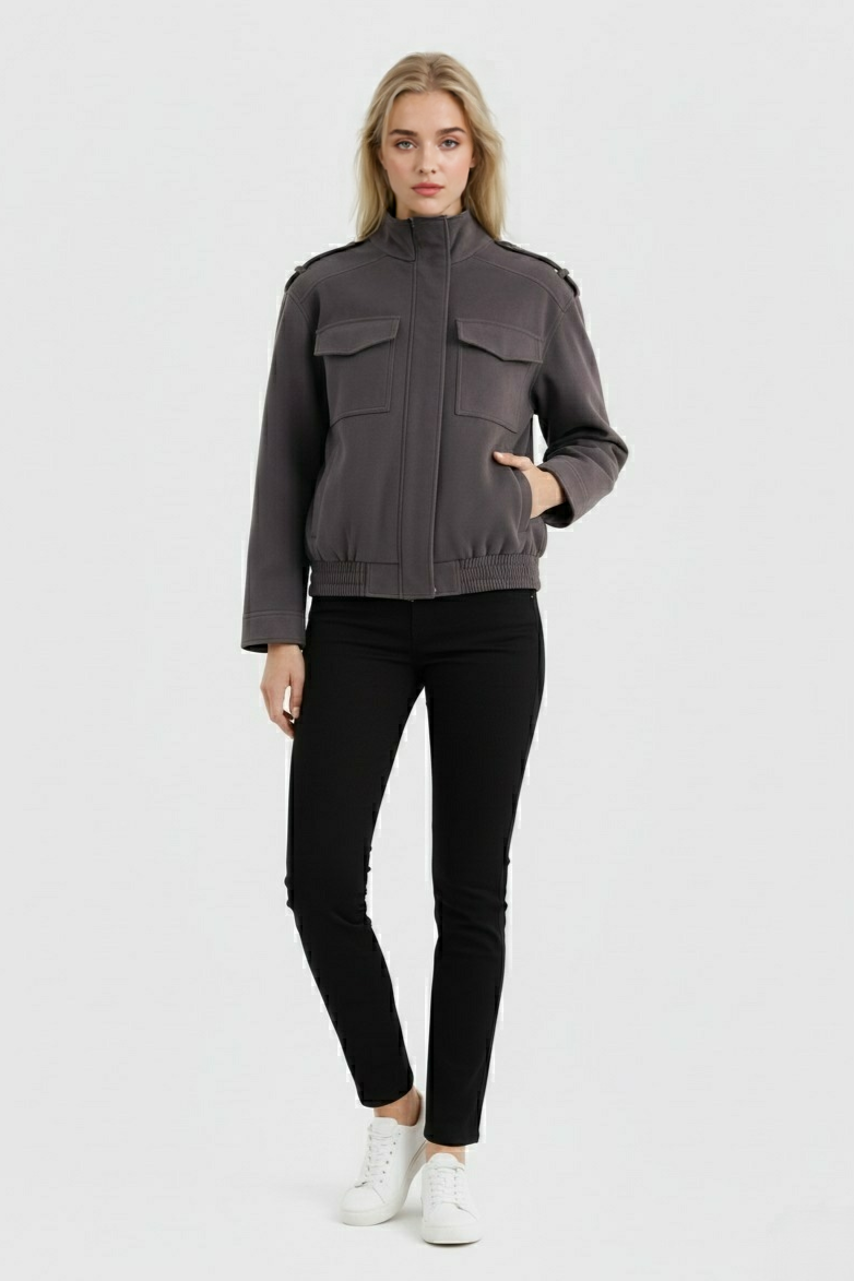 Trendy Dark Grey Bomber Jacket with Stand Collar