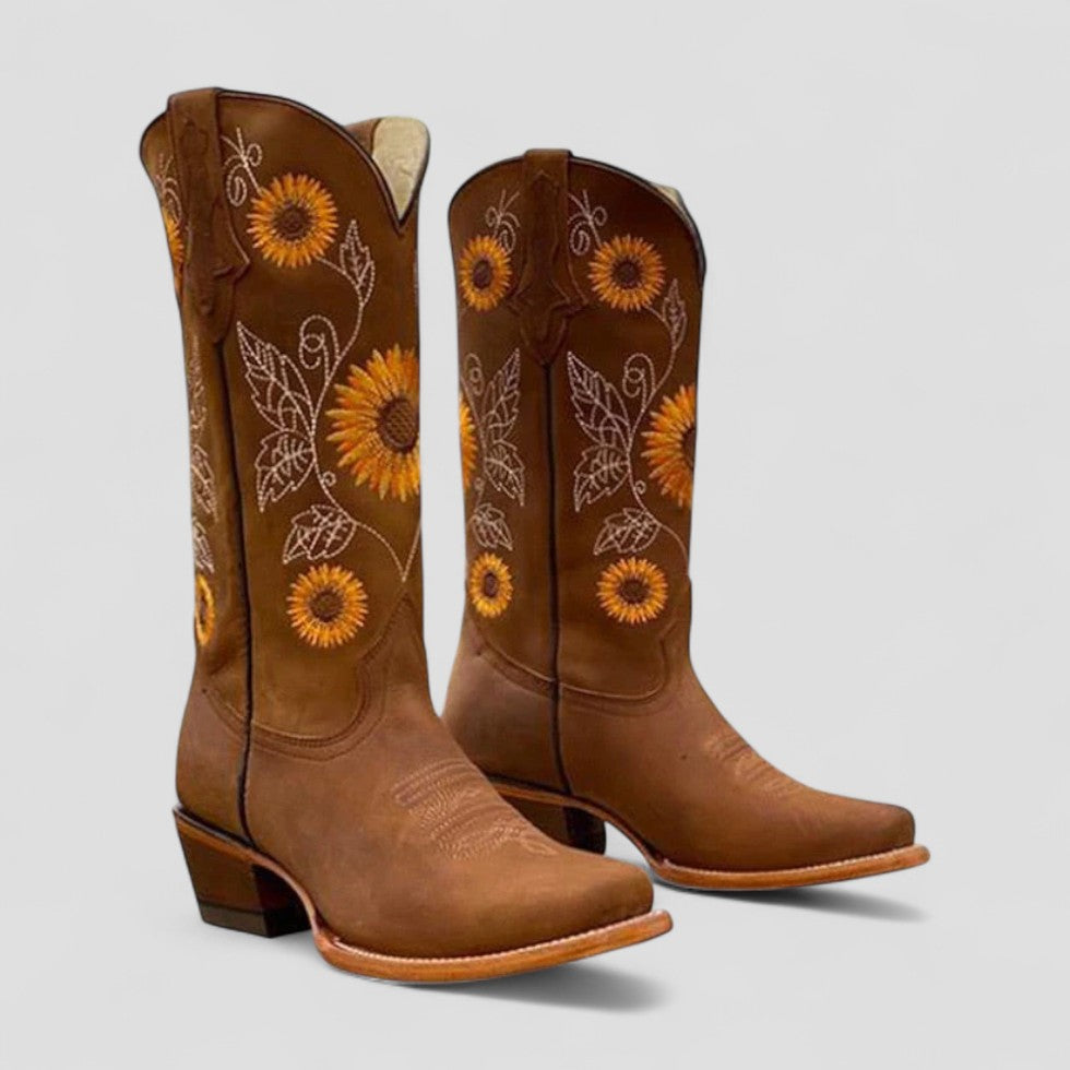 Women's Floral Embroidered Cowgirl Boots with Low Block Heel