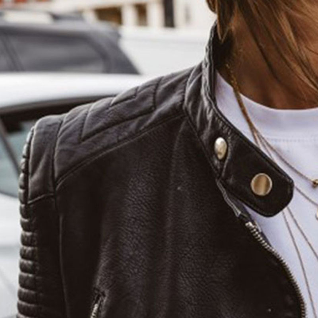 Faux Leather Biker Jacket with Zip Details for Women