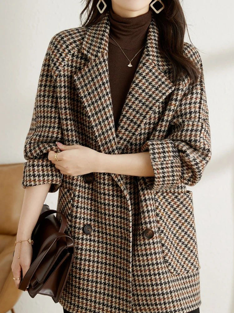 Houndstooth Long Blazer Jacket – Oversized Check Coat