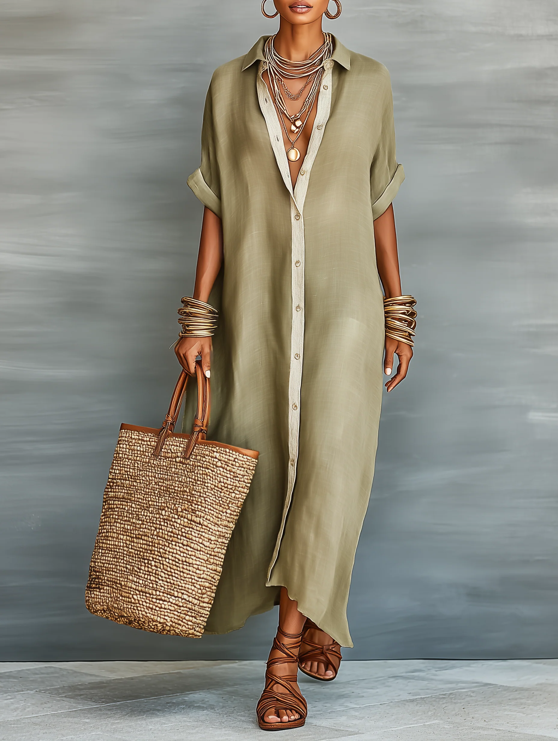 Manelle | Olive Green Maxi Dress with Minimalist Line