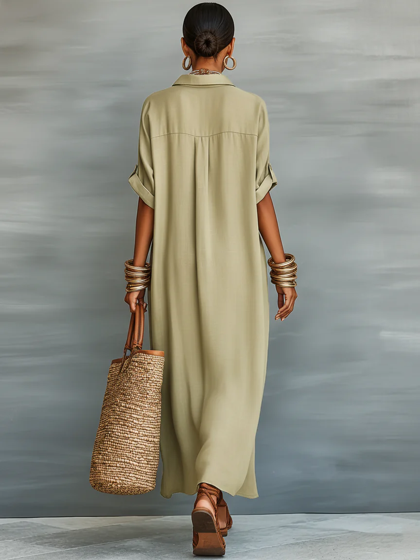 Manelle | Olive Green Maxi Dress with Minimalist Line