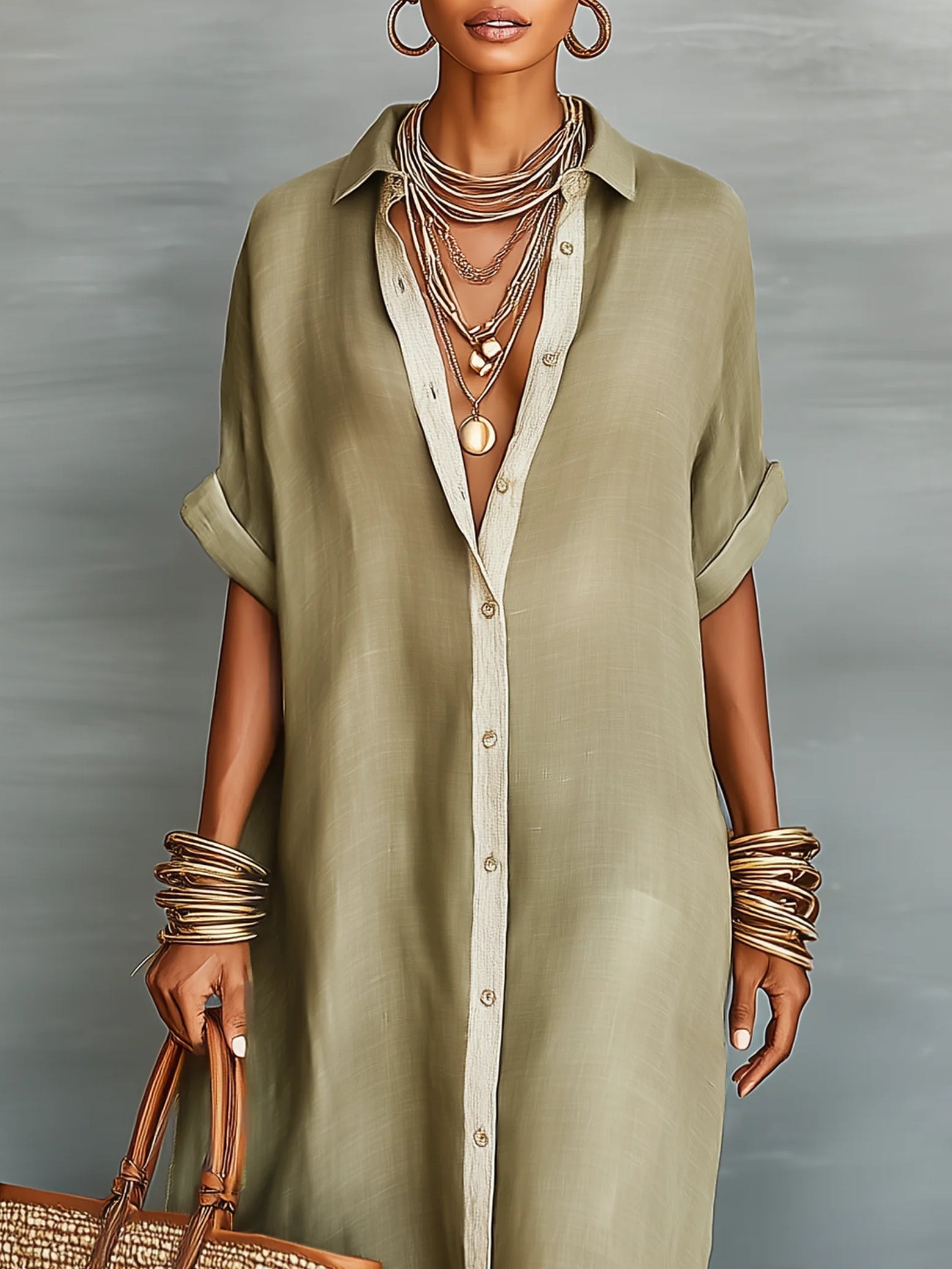 Manelle | Olive Green Maxi Dress with Minimalist Line