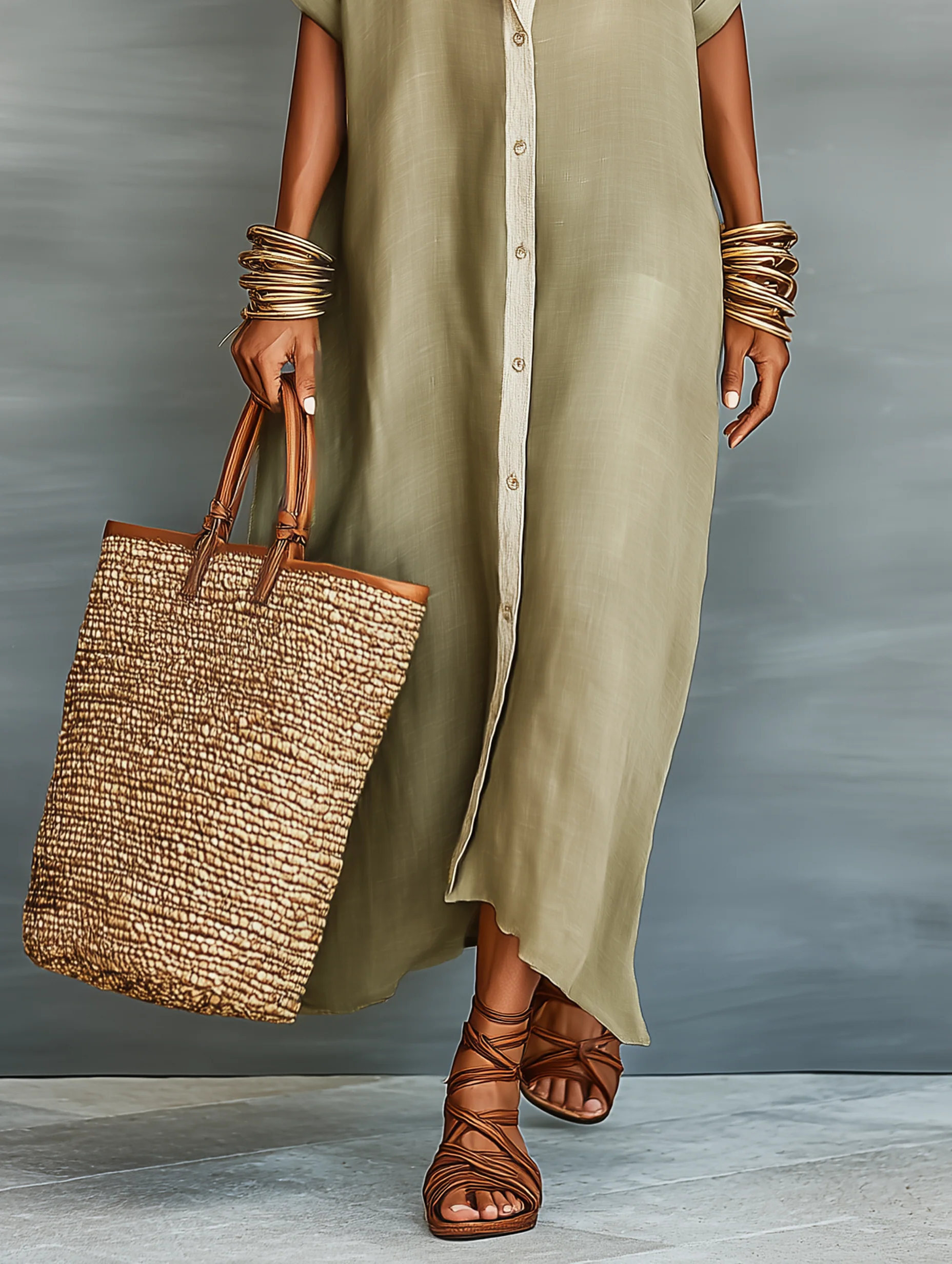 Manelle | Olive Green Maxi Dress with Minimalist Line