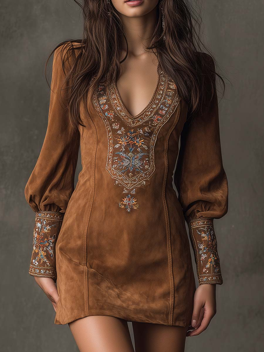 Harlow | Embroidered Faux Suede Mini Dress