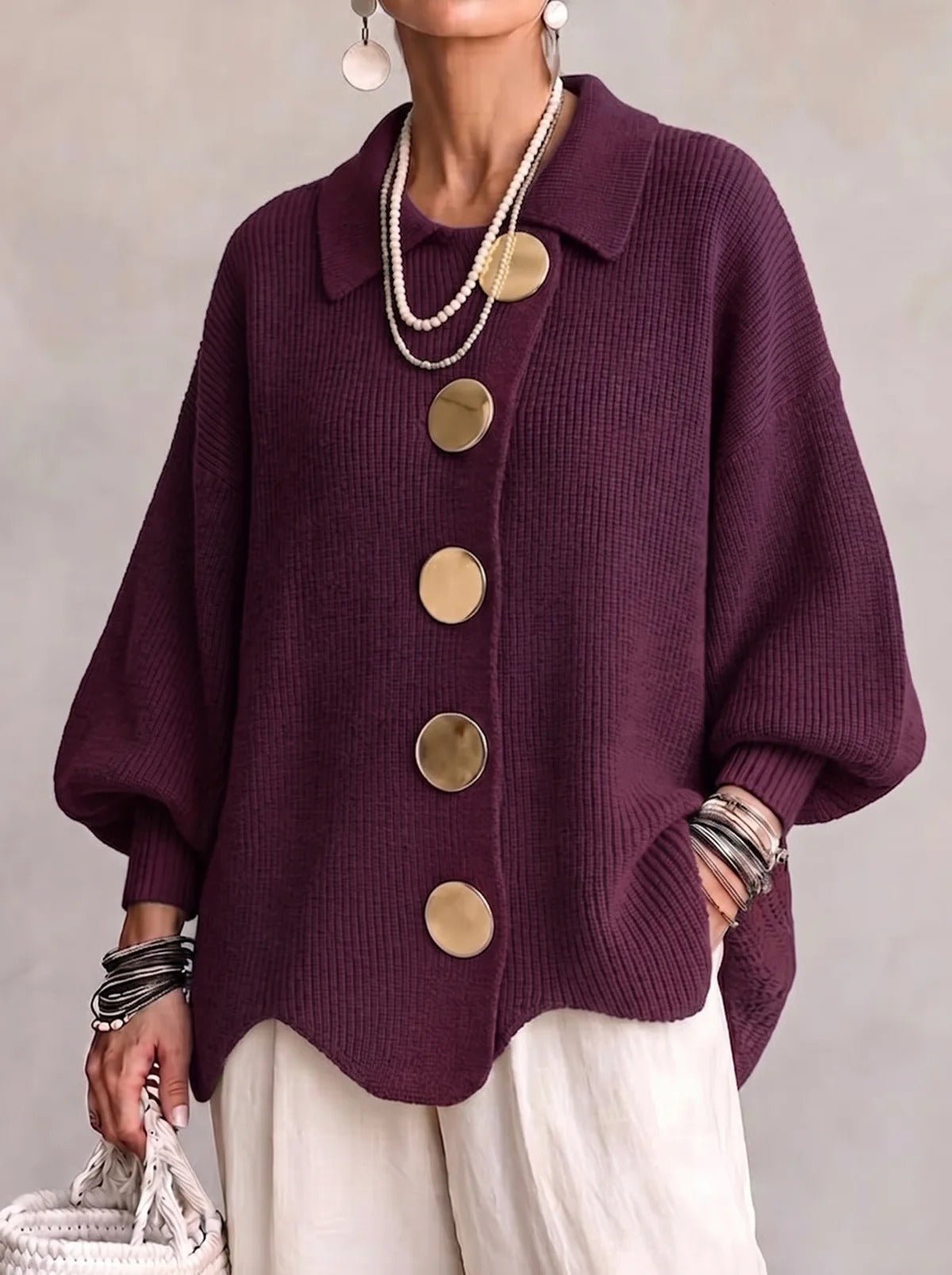 Penelope | Oversized Collared Knit Cardigan With Metal Buttons
