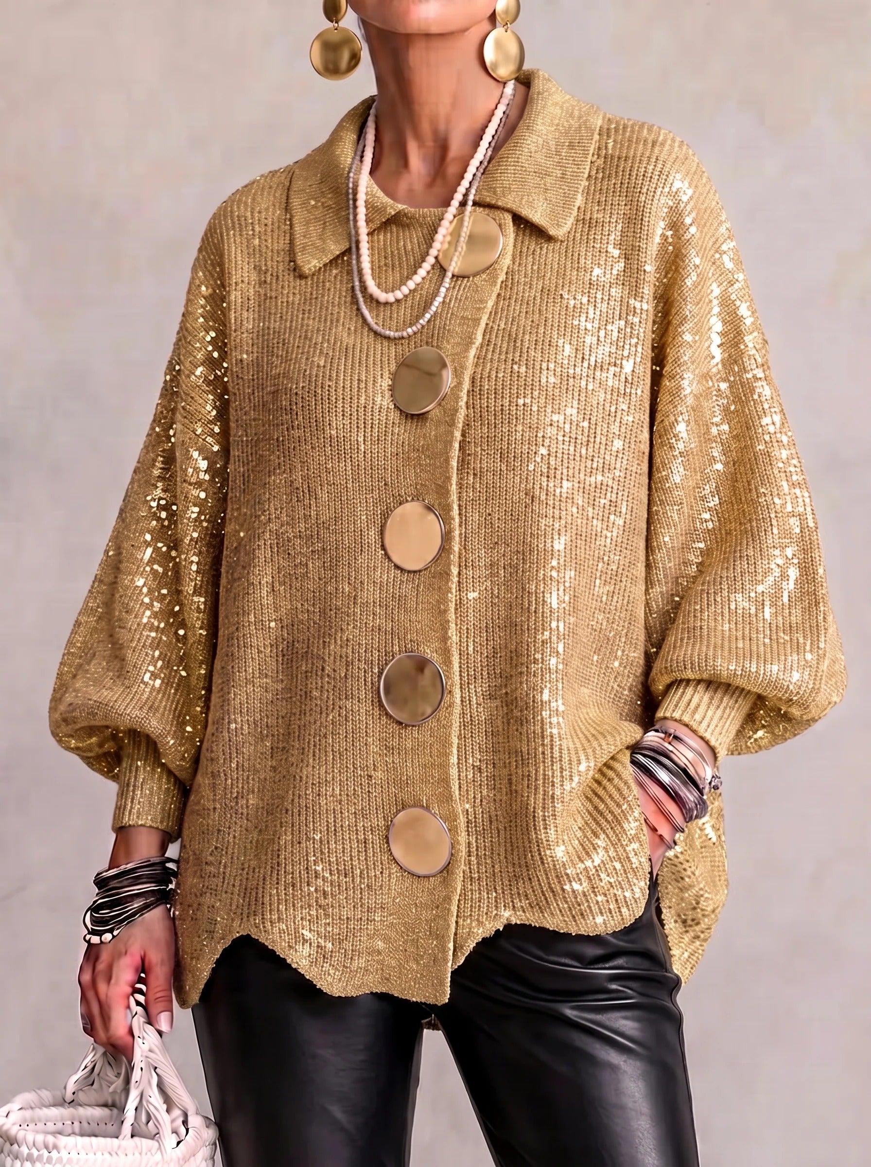 Penelope | Oversized Collared Knit Cardigan With Metal Buttons