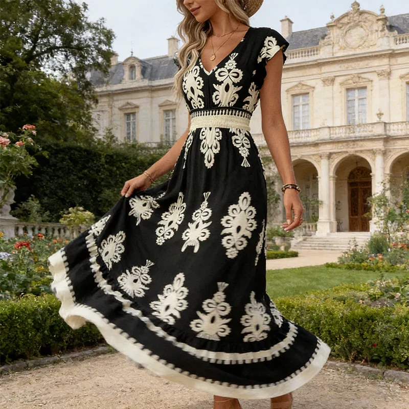 Celeste | Baroque Print Maxi Dress with V-Neck and Smocked Waist
