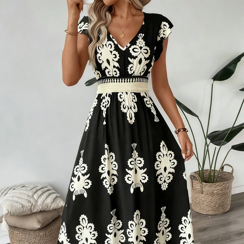 Celeste | Baroque Print Maxi Dress with V-Neck and Smocked Waist