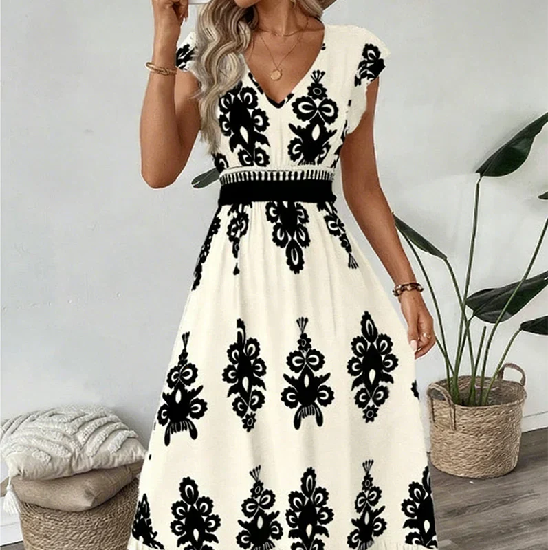 Celeste | Baroque Print Maxi Dress with V-Neck and Smocked Waist