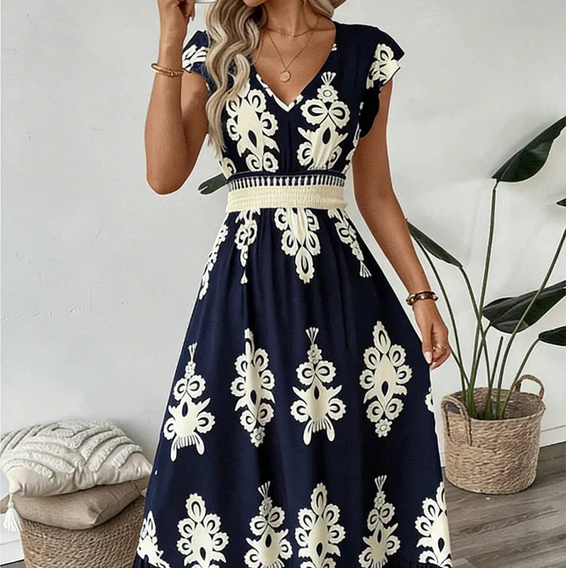 Celeste | Baroque Print Maxi Dress with V-Neck and Smocked Waist
