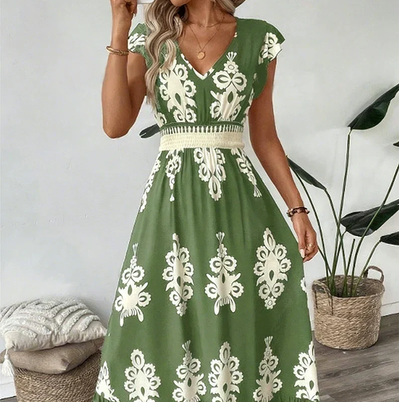 Celeste | Baroque Print Maxi Dress with V-Neck and Smocked Waist